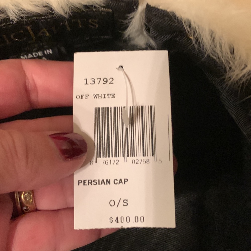 ERIC JAVITS PERSIAN CAP IN OFF WHITE ITALIAN LAMB FUR WITH LOGO BUCKLE PACKABLE - Picture 14 of 15